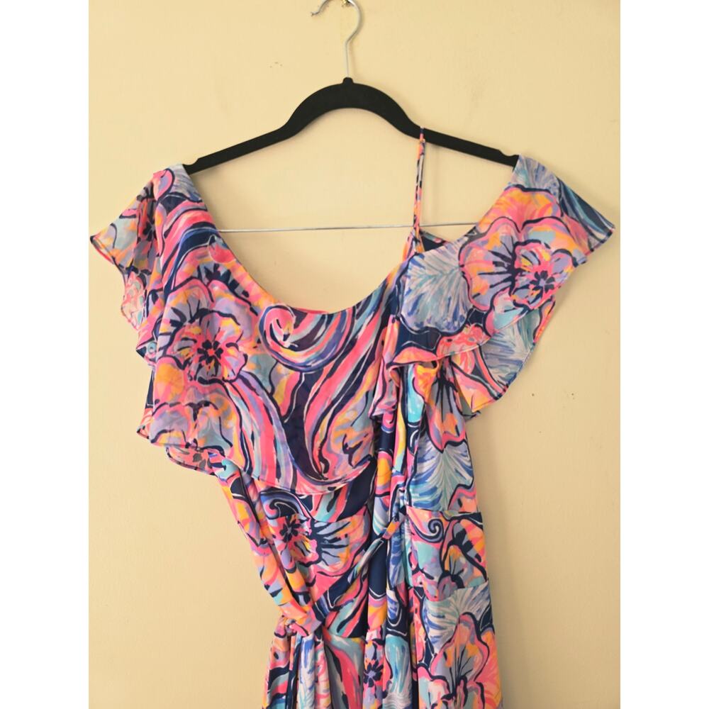 Lilly Pulitzer Marianna One Shoulder Floral Ruffle Wrap Midi Dress Size L - Picture 8 of 9